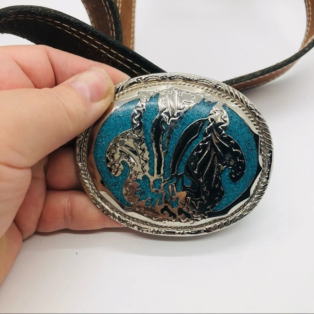 Vintage Native American silver turquoise leather belt size 34. 1983